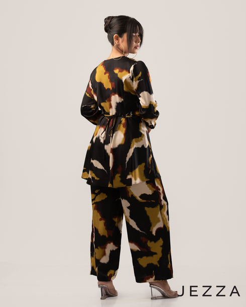 Printed Polyester Peplum Top & Pant Set 59302
